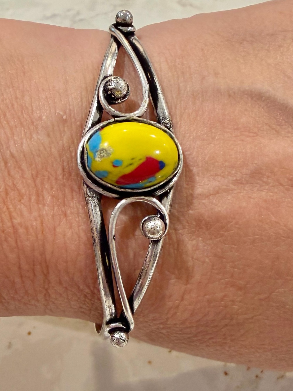 925 Sterling Silver Mosaic Jasper Cuff Bracelet 10.7g Bono Statement 10.7 g